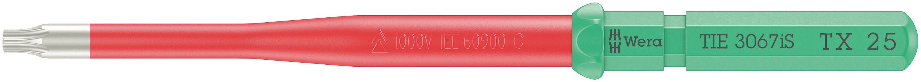 Wkrętak Torx z zielonym uchwytem z tworzywa sztucznego, oznaczony jako 'TX 25'. Czerwony trzon i srebrowy czubek.
