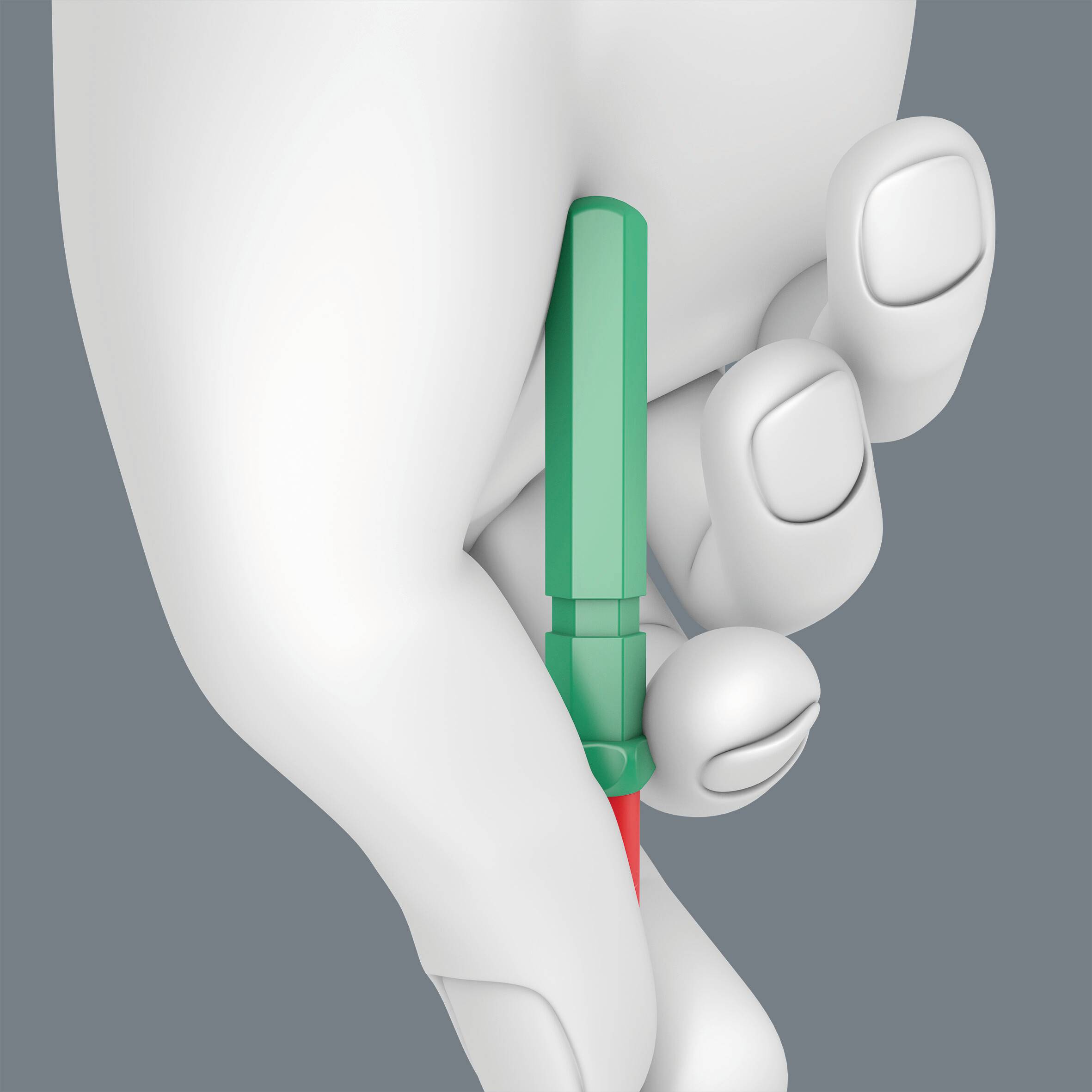 Diagram przedstawia rękę trzymającą zielony i czerwony strzałek między kciukiem a palcem wskazującym.