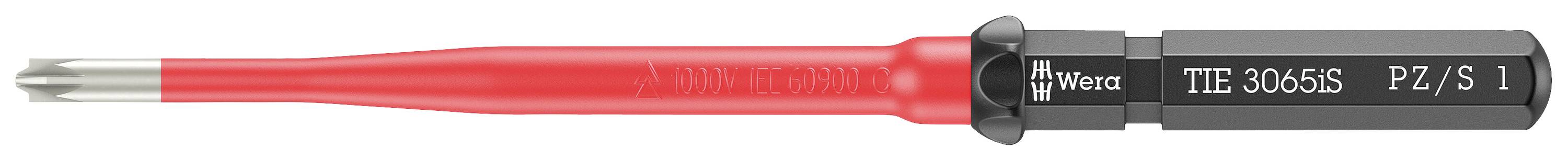 Izolowany wkrętak z czerwonym uchwytem i czarnym trzpieniem, przeznaczony do śrub PZ-S1; nazwa marki widoczna na trzpieniu.