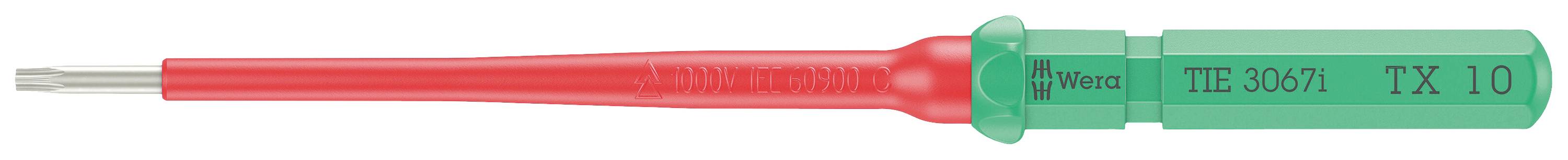 Izolowany wkrętak z czerwonym trzonkiem i zielonym uchwytem, oznaczony napisem 'TX 10'. Odpowiedni do prac przy urządzeniach elektronicznych.