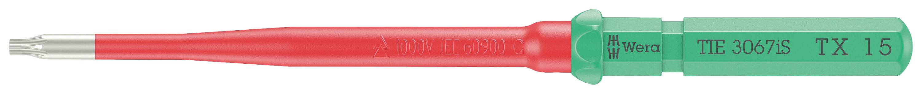 Zielony wkrętak z czerwonym uchwytem marki 'Wera', model 'TE 3675', rozmiar 'TX 15'. Odpowiedni do wkrętów Torx.