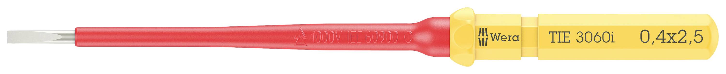 Wkrętak z czerwonym uchwytem i żółtym czubkiem. Na żółtym czubku wydrukowana jest nazwa marki oraz specyfikacje techniczne.