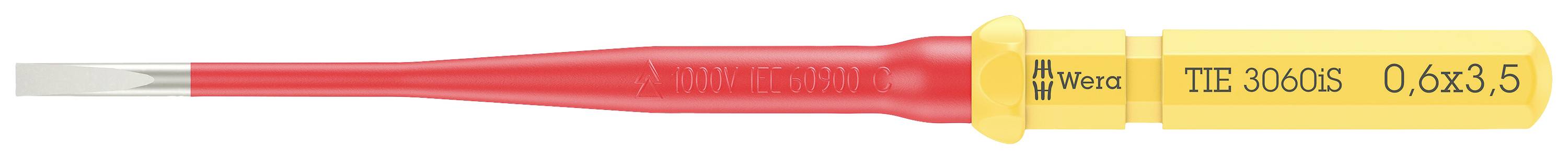 Wkrętak z czerwonym uchwytem i żółtym trzonkiem, sfotografowany z boku, oznaczony napisem 'Wiha ITTE 360DS 0,6x3,5'.