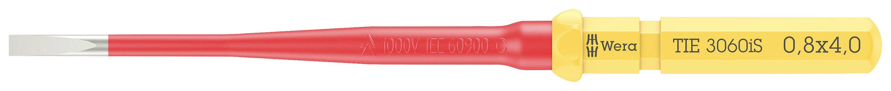 Izolowany wkrętak z czerwonym uchwytem i żółtym trzonkiem. Tekst na trzonku: 'Wera 0.8 x 4.0'. Odpowiedni do prac precyzyjnych.