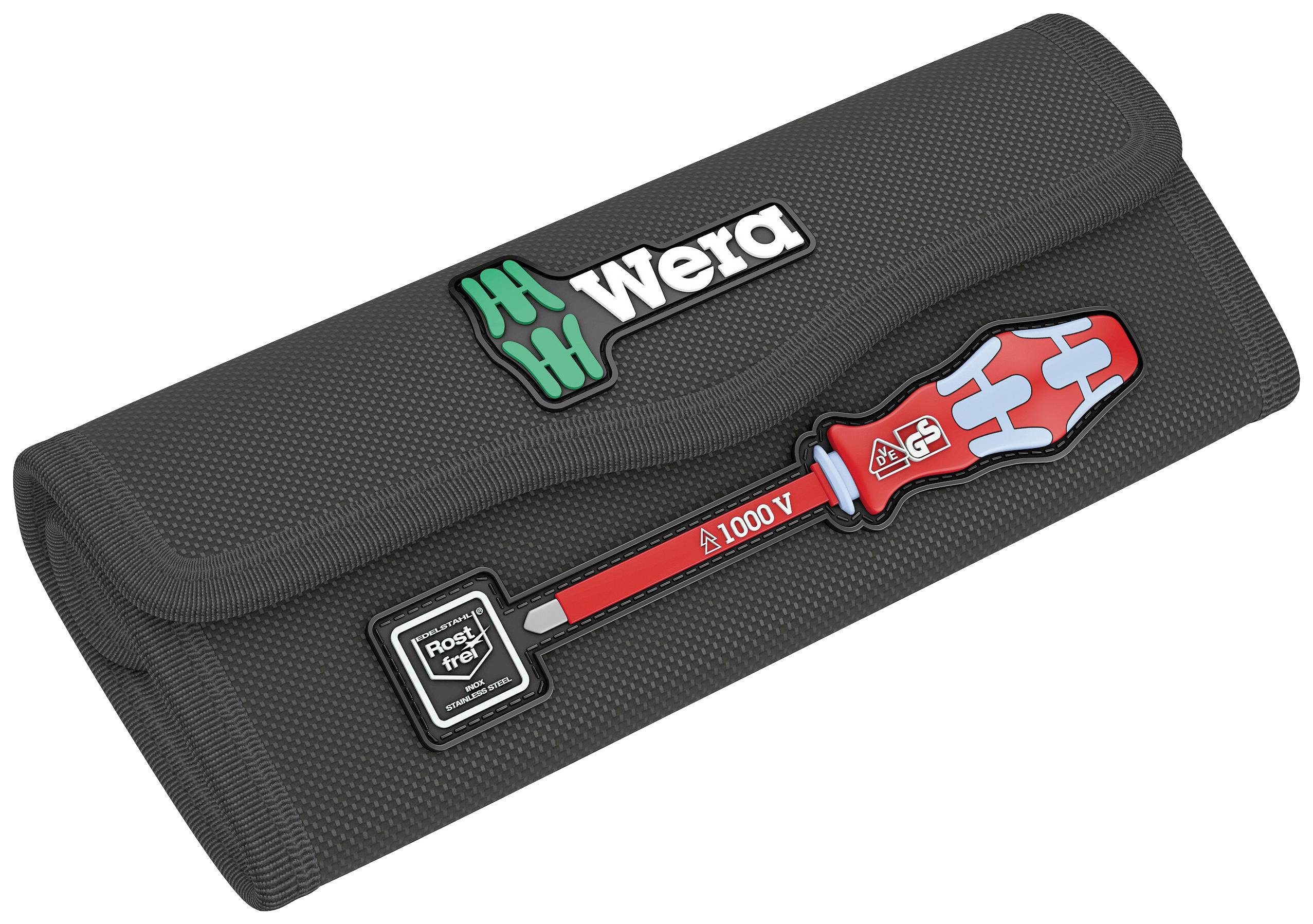 Zestaw wkrętaków 'Wera' w przenośnej, składanej torbie. Zawiera izolowany, czerwony wkrętak do prac elektrycznych do 1000 V.