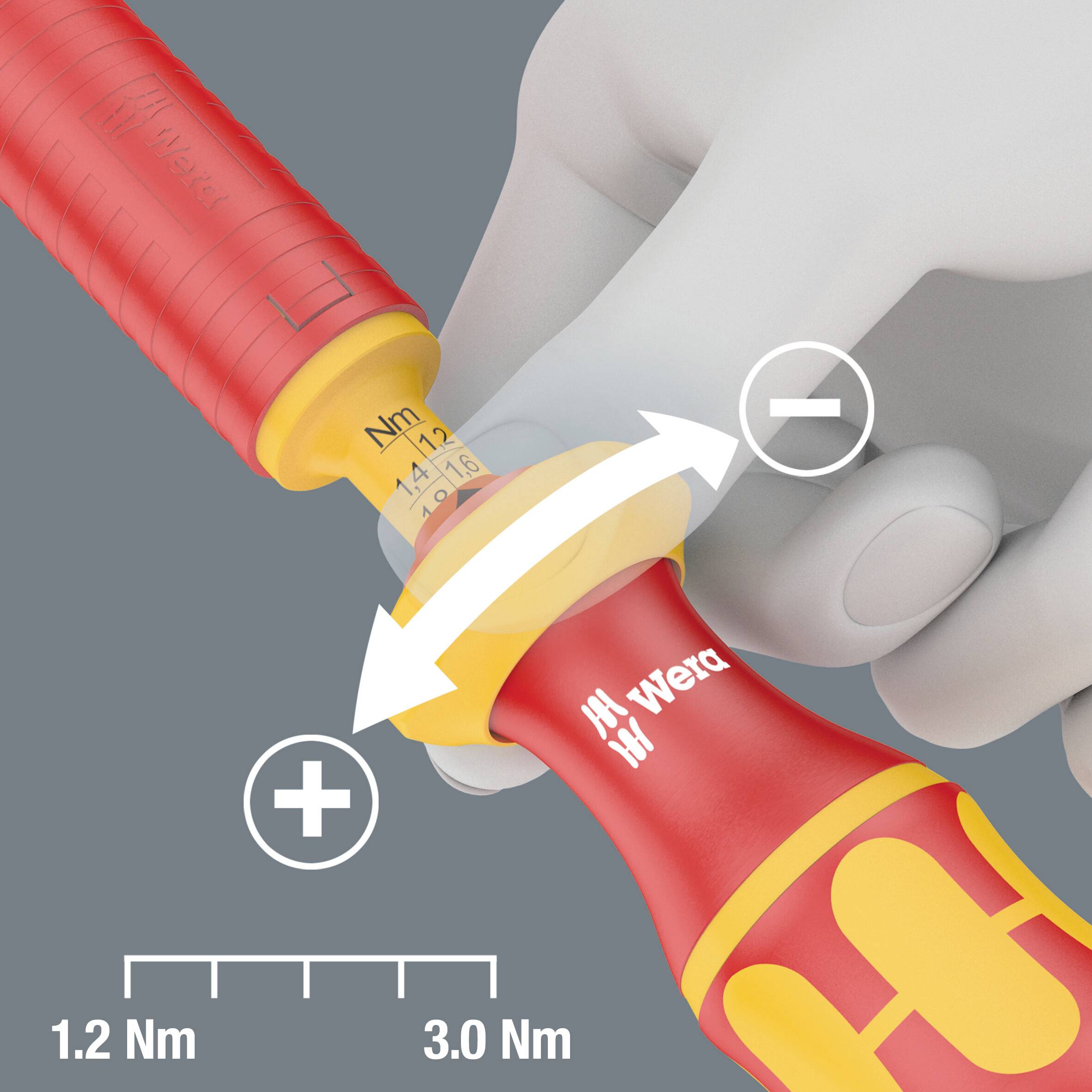 Ręka trzyma klucz dynamometryczny ze skalą od 1,2 Nm do 3,0 Nm, używany do dokręcania śrub z precyzyjnym momentem obrotowym.
