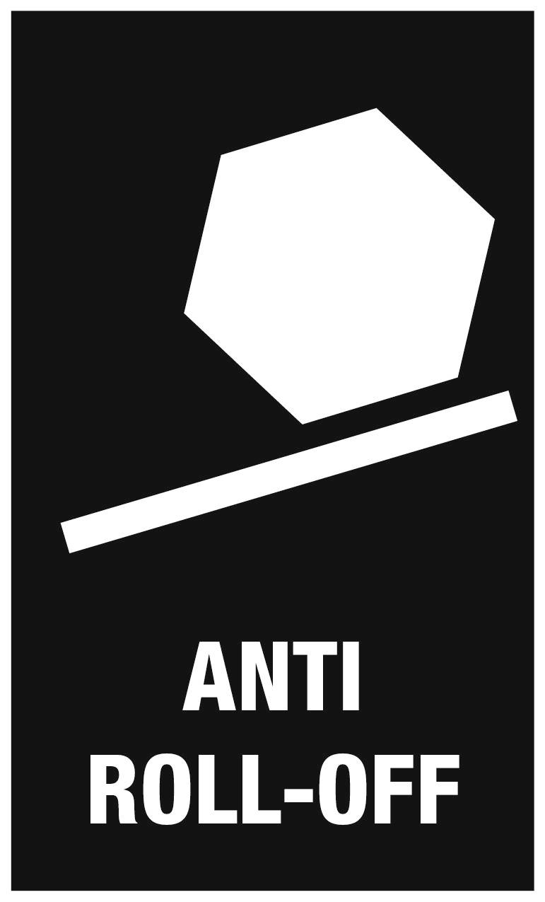 Tarcza z chwiejnym wielokątem na ukośnej linii, pod spodem napis: Anti Roll-Off. Symbolizuje stabilność przeciw przewróceniu.