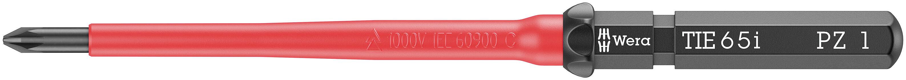 Czerwony śrubokręt z czarną rękojeścią, oznaczony napisem 'ITEM651, PZ 1'. Odpowiedni do wkrętów PZ, ergonomiczny w projekcie.