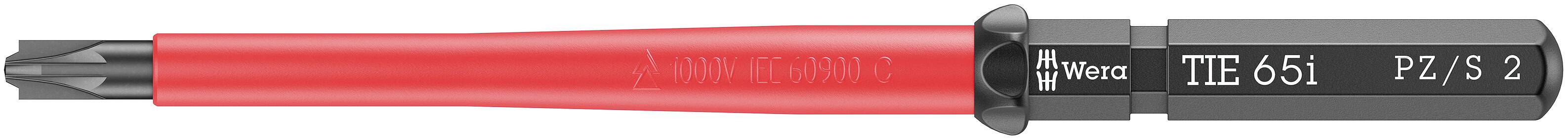 Wkrętak z czerwonym uchwytem i izolacją, z końcówką PZ/S 2 do wkrętów krzyżowych, model TIE 651, przedstawiający logo marki.