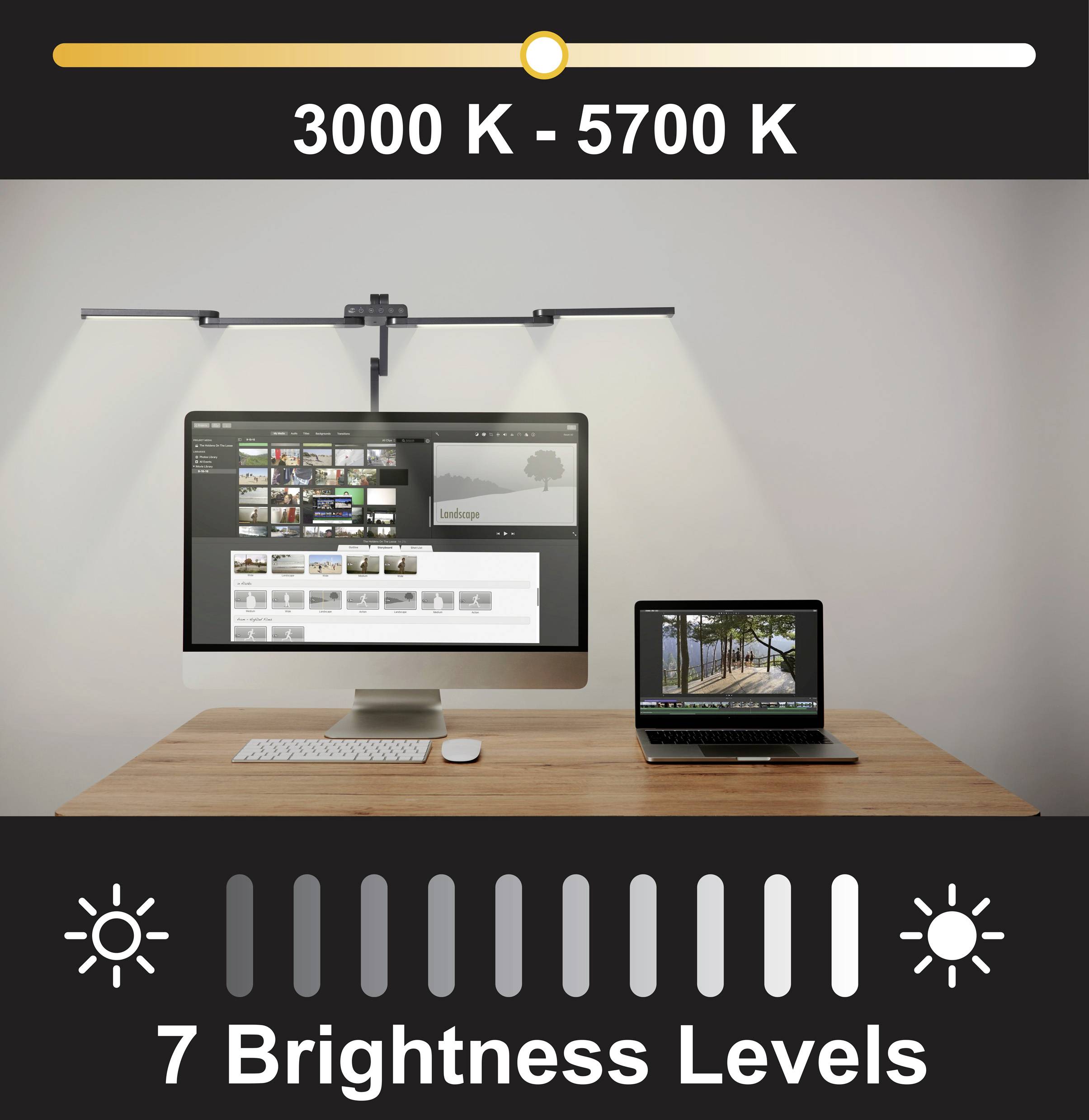 Lampa biurkowa LED z temperaturą barwową 3000K-5700K, 7 poziomami jasności. Oświetla komputer stacjonarny i laptopa na biurku.