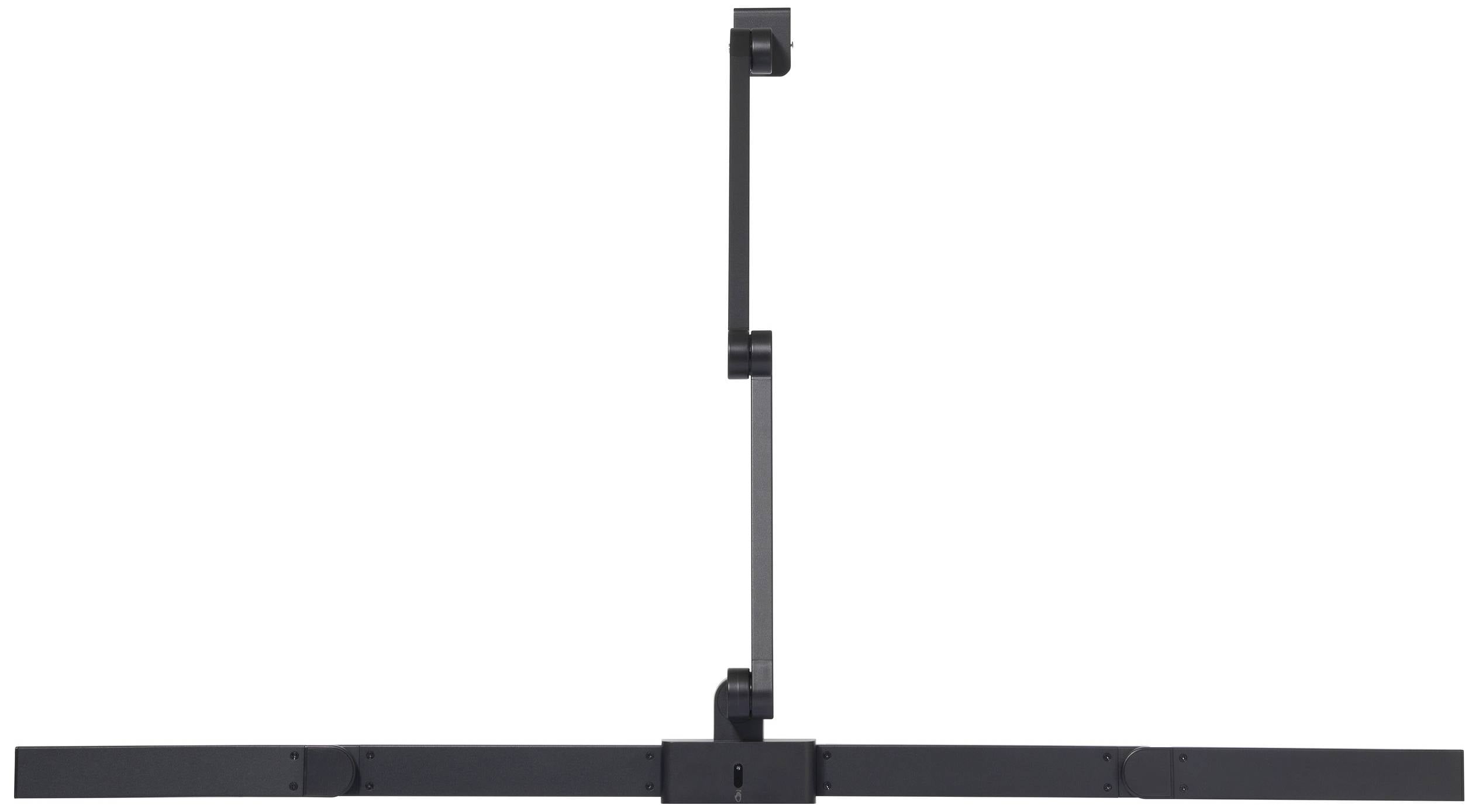 Czarny metalowy uchwyt w kształcie litery T, prawdopodobnie element mocowania lub instalacji, sfotografowany na białym tle.