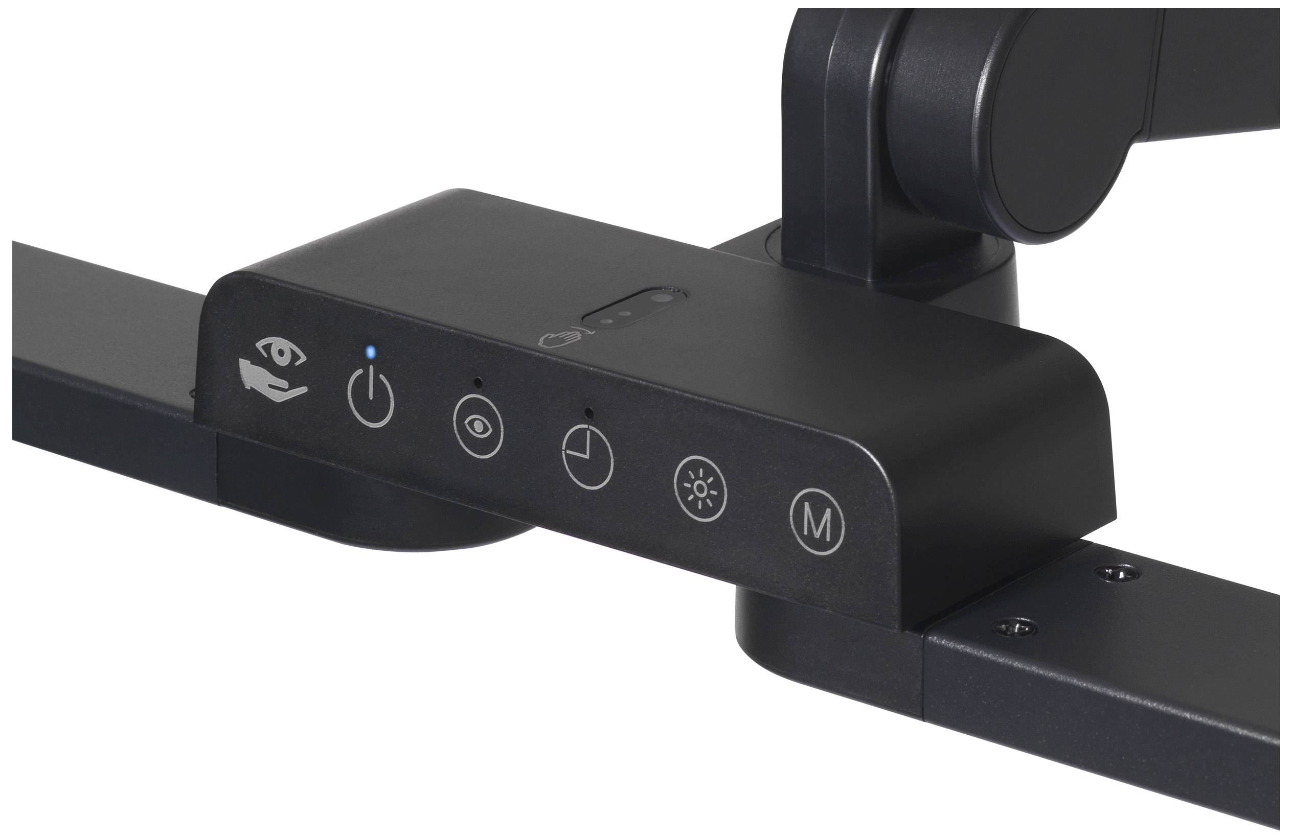 Czarny panel sterujący urządzenia z pięcioma symbolami: dłoń, przycisk włączania, oko, zegar, symbol słońca z regulacją jasności oraz przycisk M.