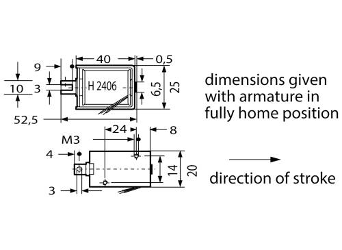Schemat elektromagnesu z wymiarami: 40x24 mm. Wskazówki dotyczące kierunku ruchu i położenia końcowego układu.