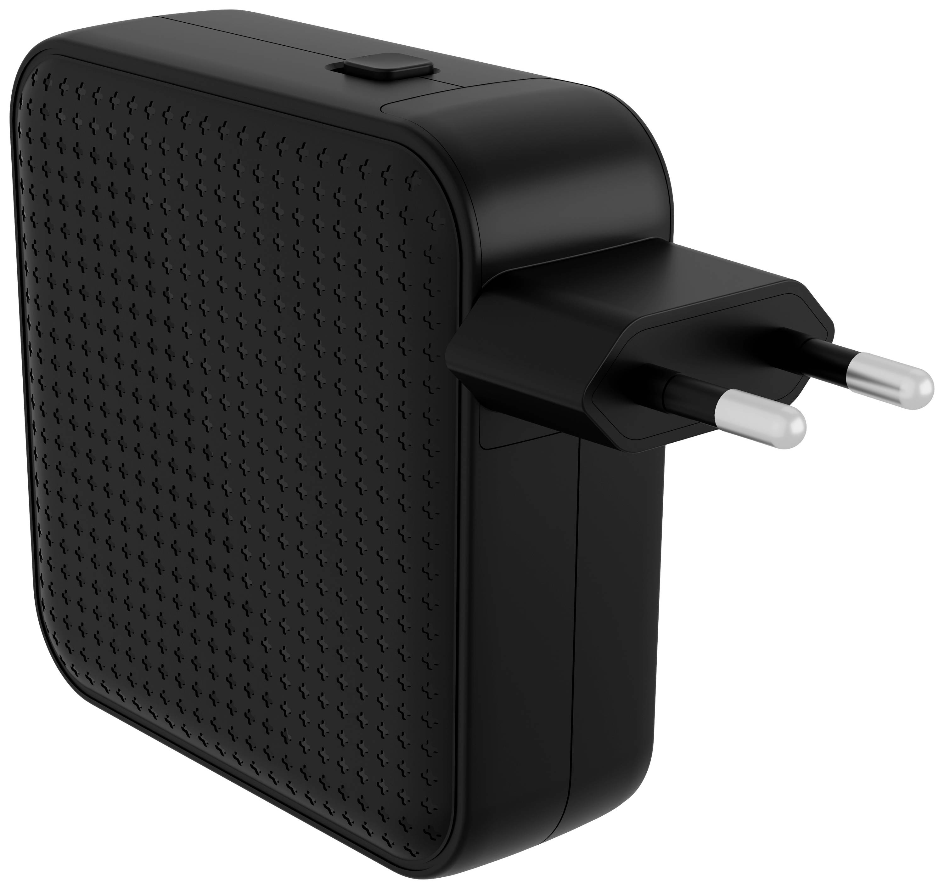 Czarna ładowarka USB z wtyczką europejską, kompaktowa i kwadratowa, z punktowym wzorem na powierzchni.