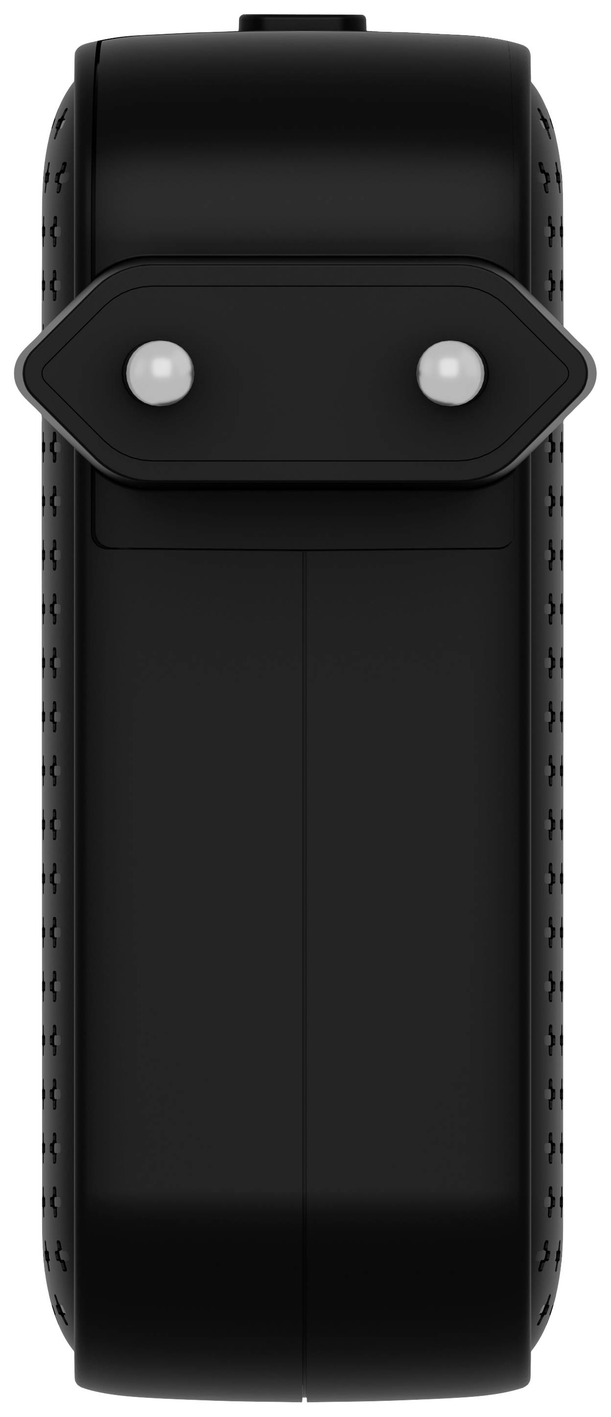 Czarne, prostokątne urządzenie z okrągłymi przyciskami na przedniej ścianie. Wygląda kompaktowo i minimalistycznie.