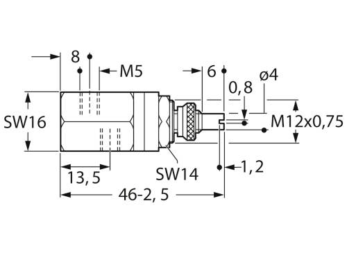 Rysunek techniczny cylindrycznego czujnika z wymiarami w milimetrach. Zawiera gwinty M5 i M12x0,75, z kluczem SW16 i SW14.