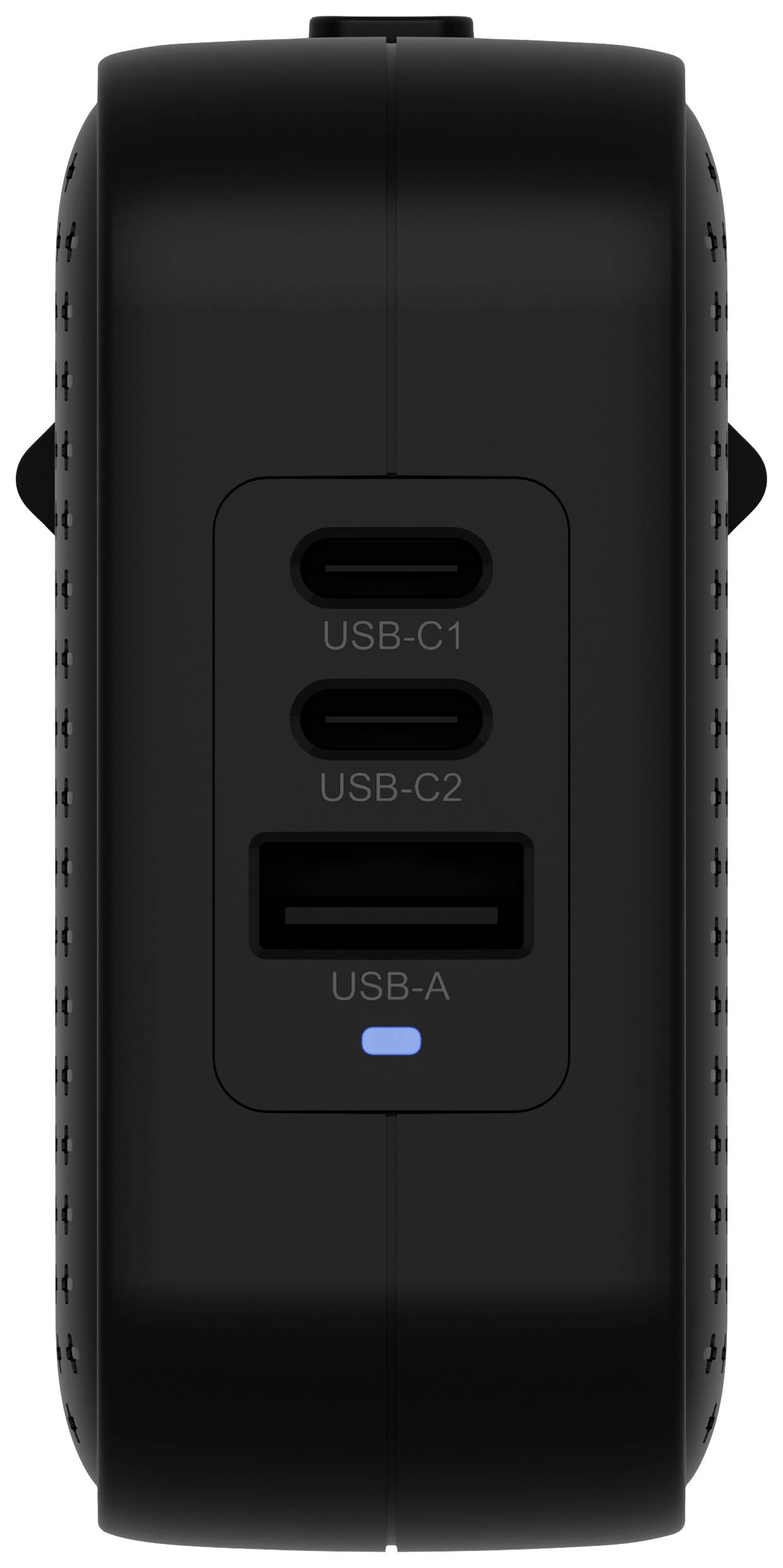 Czarny powerbank z dwoma złączami USB-C, oznaczonymi jako 'USB-C1' i 'USB-C2', oraz złączem USB-A oznaczonym jako 'USB-A'.