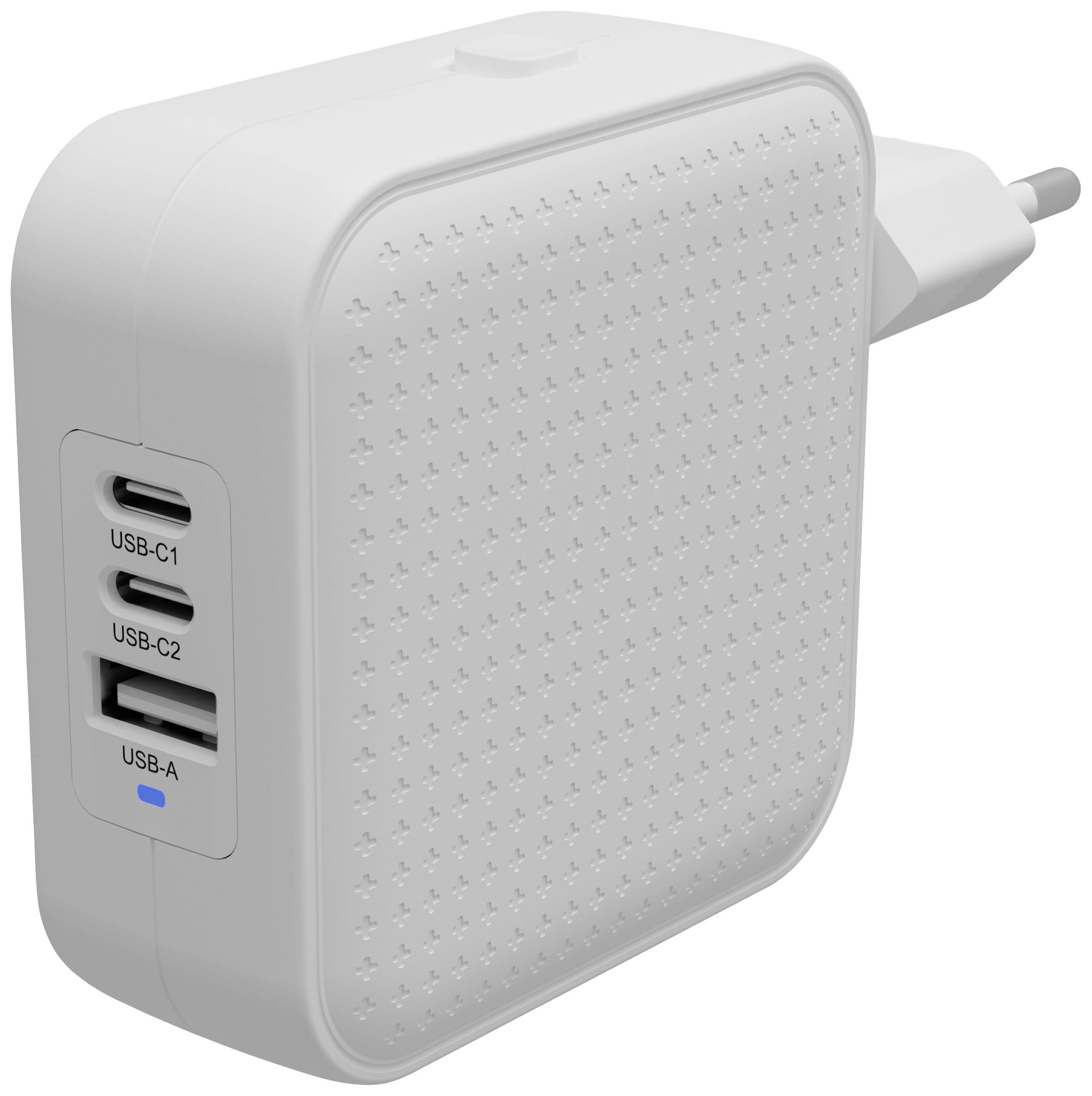 Białą ładowarkę USB z trzema portami z boku: dwoma USB-C i jednym USB-A.