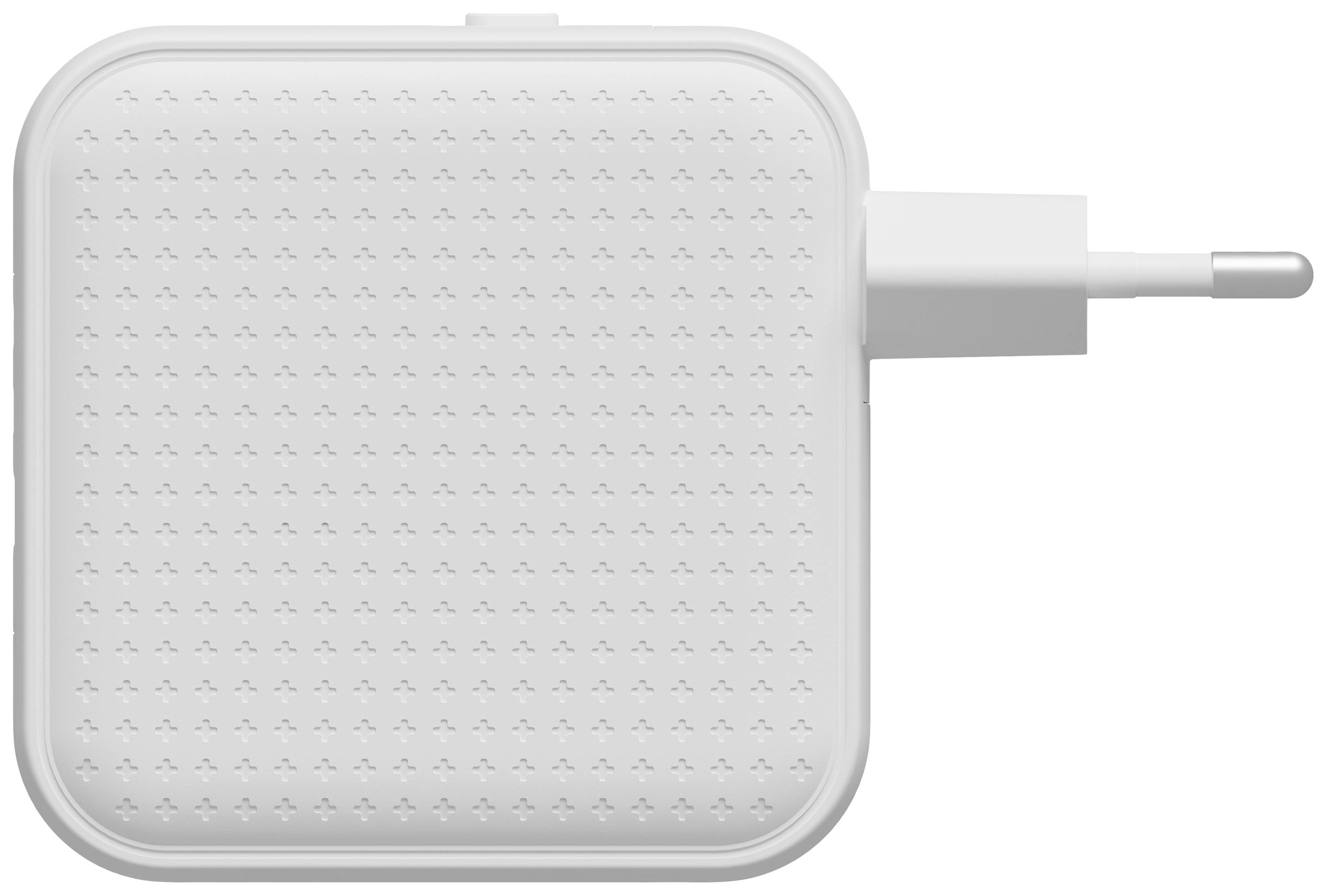 Kwadratowa, biała ładowarka o zaokrąglonych rogach i strukturze przypominającej żeberkowanie. Z prawej strony wystaje wtyczka ładująca.