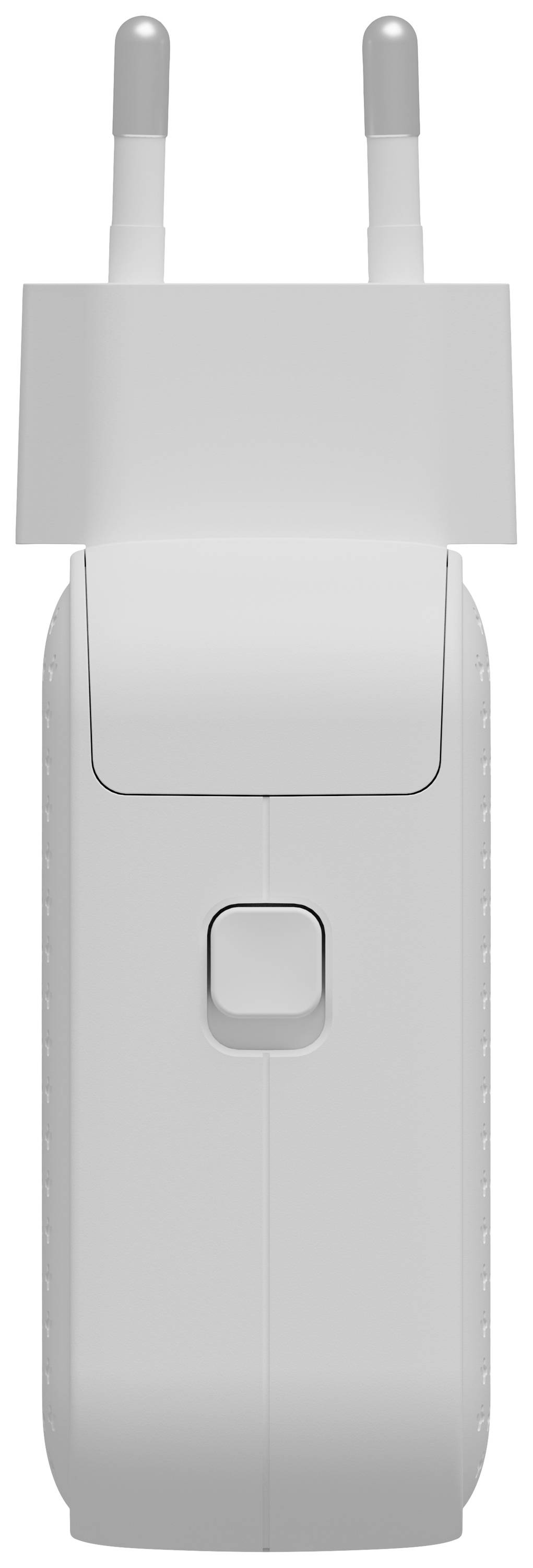 Adapter gniazda elektrycznego, widok z przodu. Dwa okrągłe metalowe styki u góry. Prosty, biały design z przełącznikiem pośrodku.