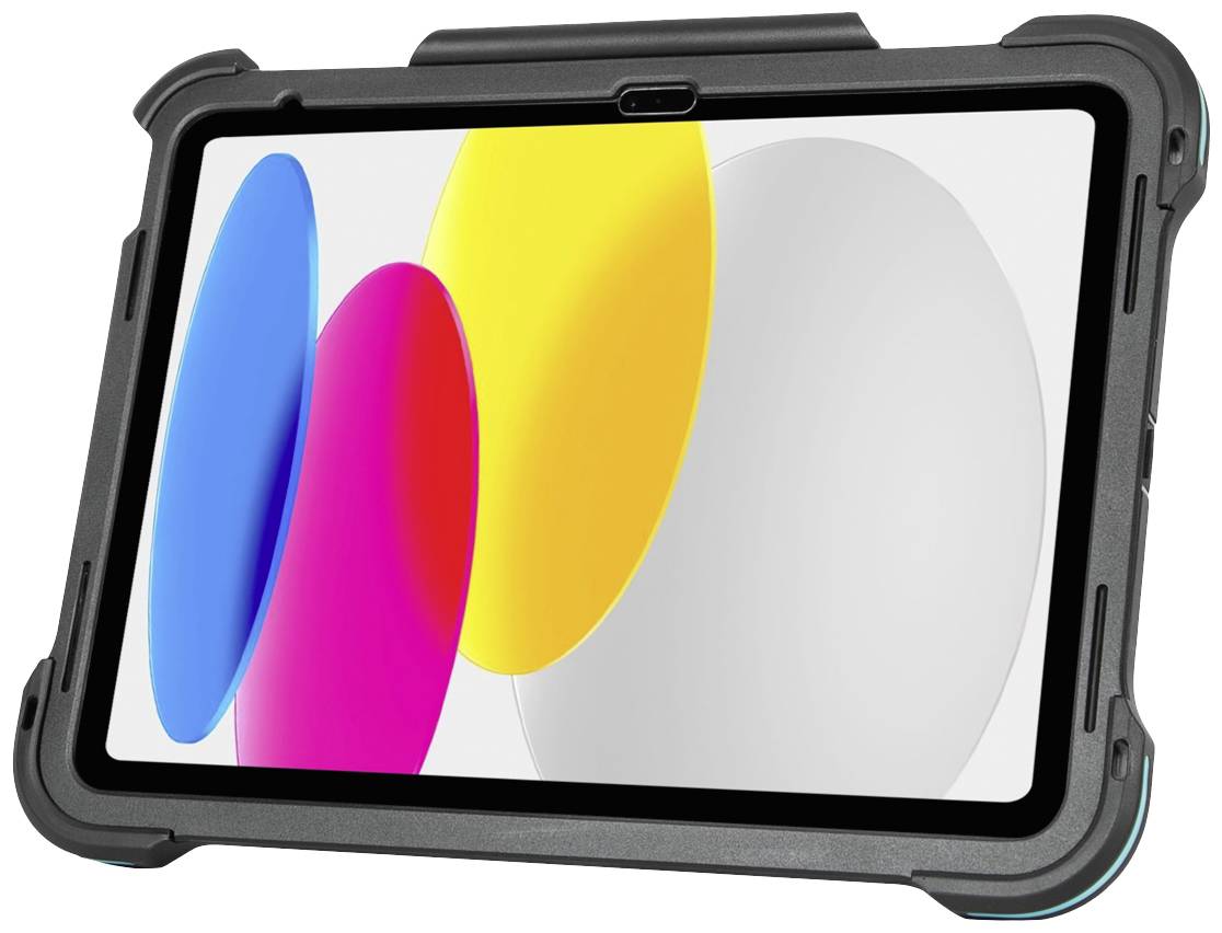 Solidny tablet z kolorowym ekranem, prezentującym owalne kształty w kolorach niebieskim, różowym, żółtym i białym. Idealny do użytku w terenie.