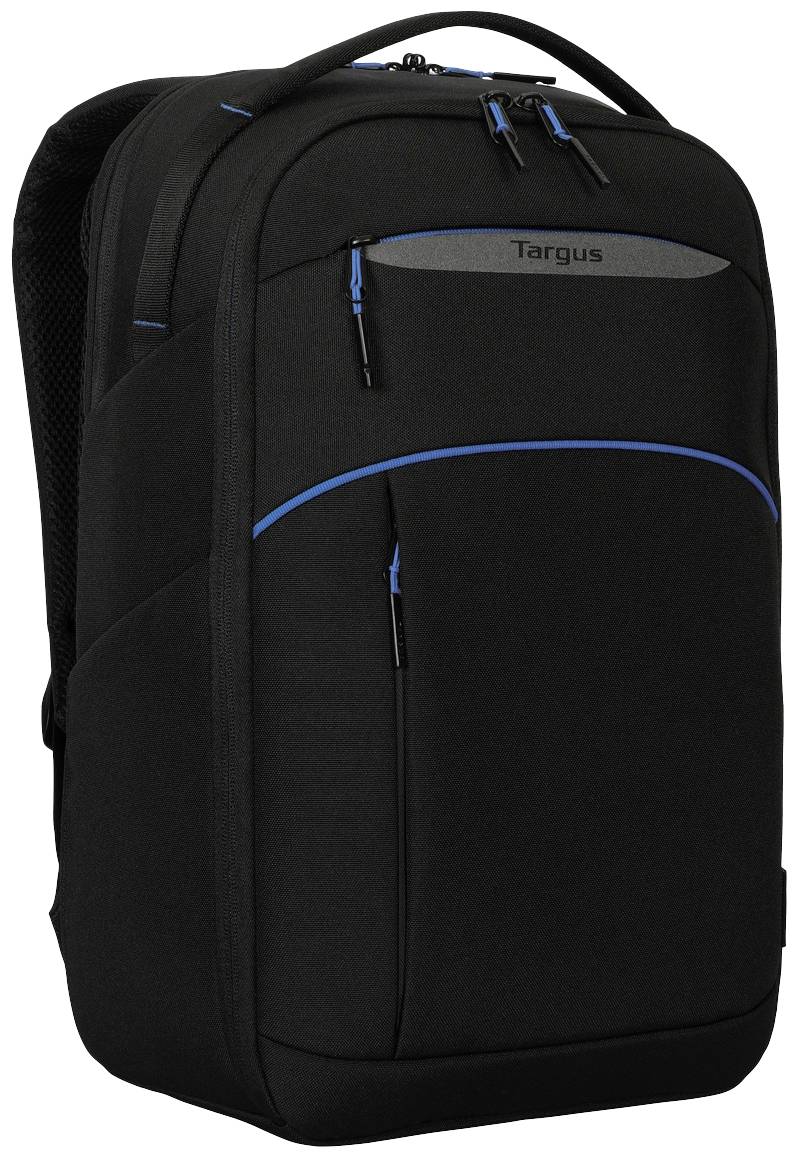 Czarny plecak z niebieskimi akcentami i wieloma zamkami błyskawicznymi. Duża główna komora oraz kieszonki boczne.