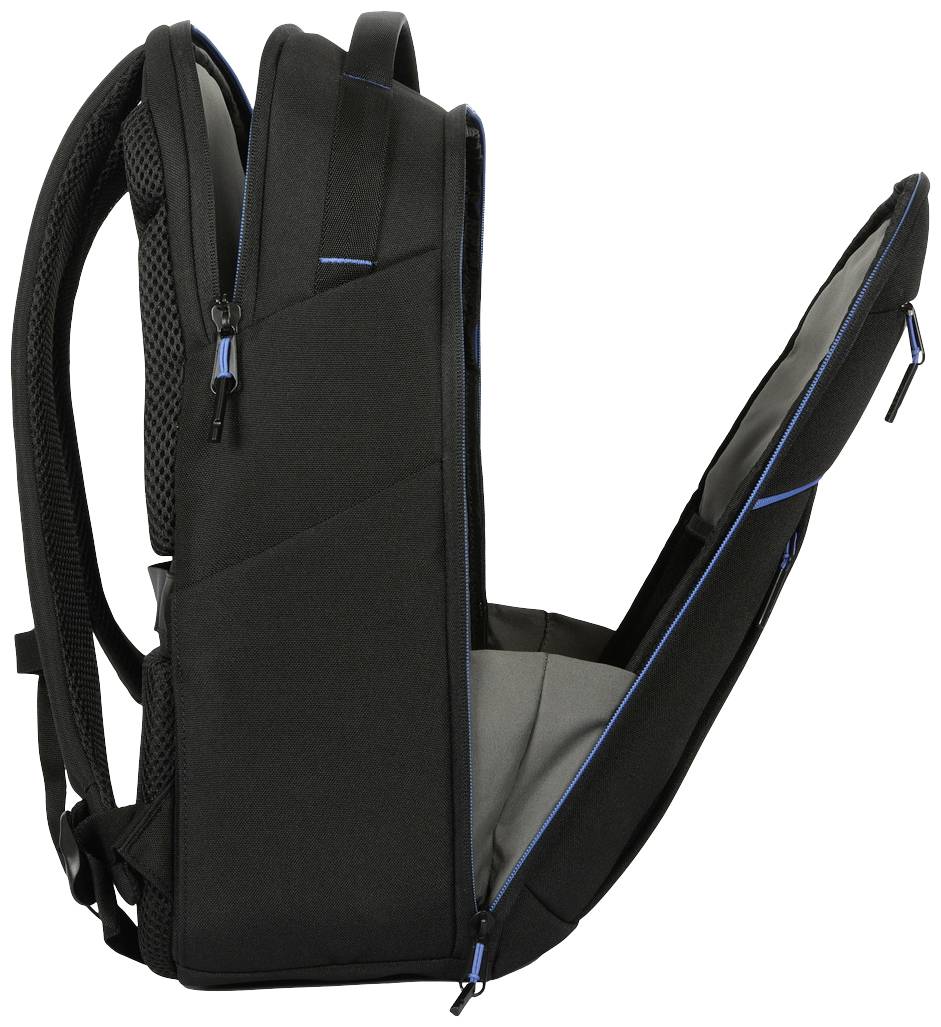 Czarny plecak z niebieskim zamkiem błyskawicznym, otwarty z boku, ukazujący wewnętrzne kieszenie. Odpowiedni do transportu laptopa, o ergonomicznym designie.