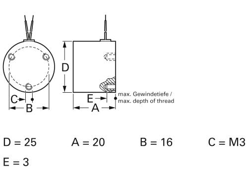 Rysunek techniczny części cylindrycznej ze szczegółami gwintu. Wymiary: D=25, A=20, B=16, C=M3, E=3. Informacje dotyczące maksymalnej głębokości gwintu.