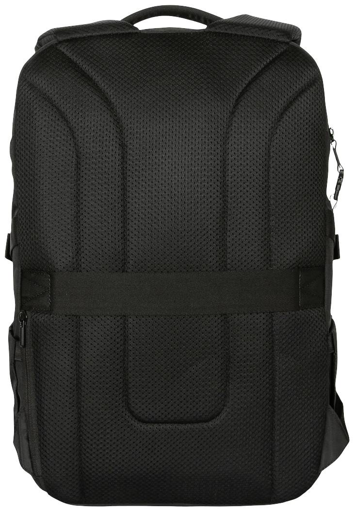 Stylowy czarny plecak z wyściełanym tyłem i uchwytem do przenoszenia, odpowiedni do podróży lub codziennego użytku.