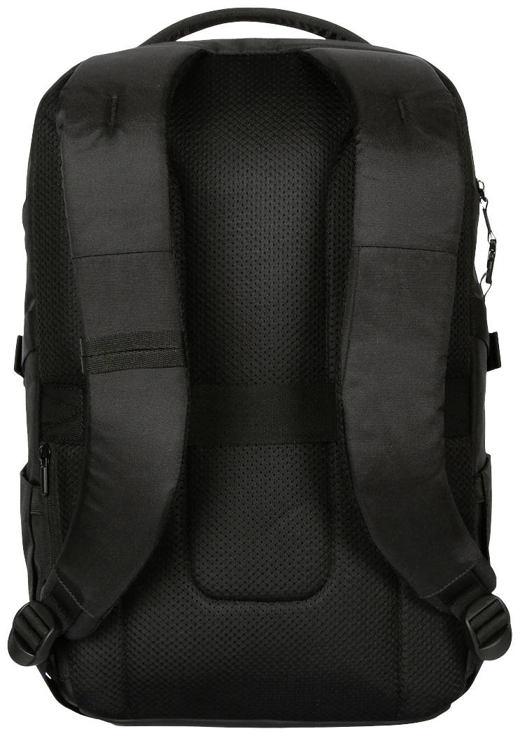 Czarny plecak z wyściełanymi paskami na ramiona i tylną częścią, kieszeniami zamykanymi na zamek błyskawiczny po bokach oraz uchwytem do przenoszenia u góry.