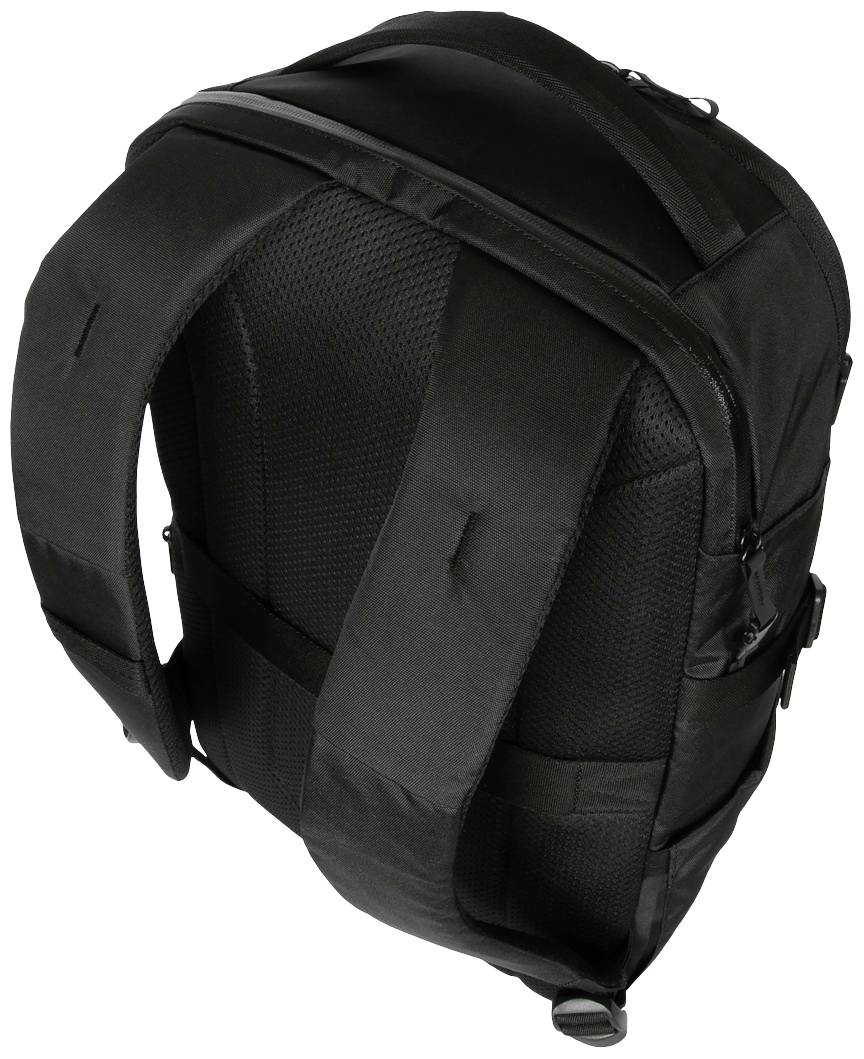 Czarny plecak widziany od tyłu z wyściełanymi paskami na ramiona i oddychającą tylną częścią.