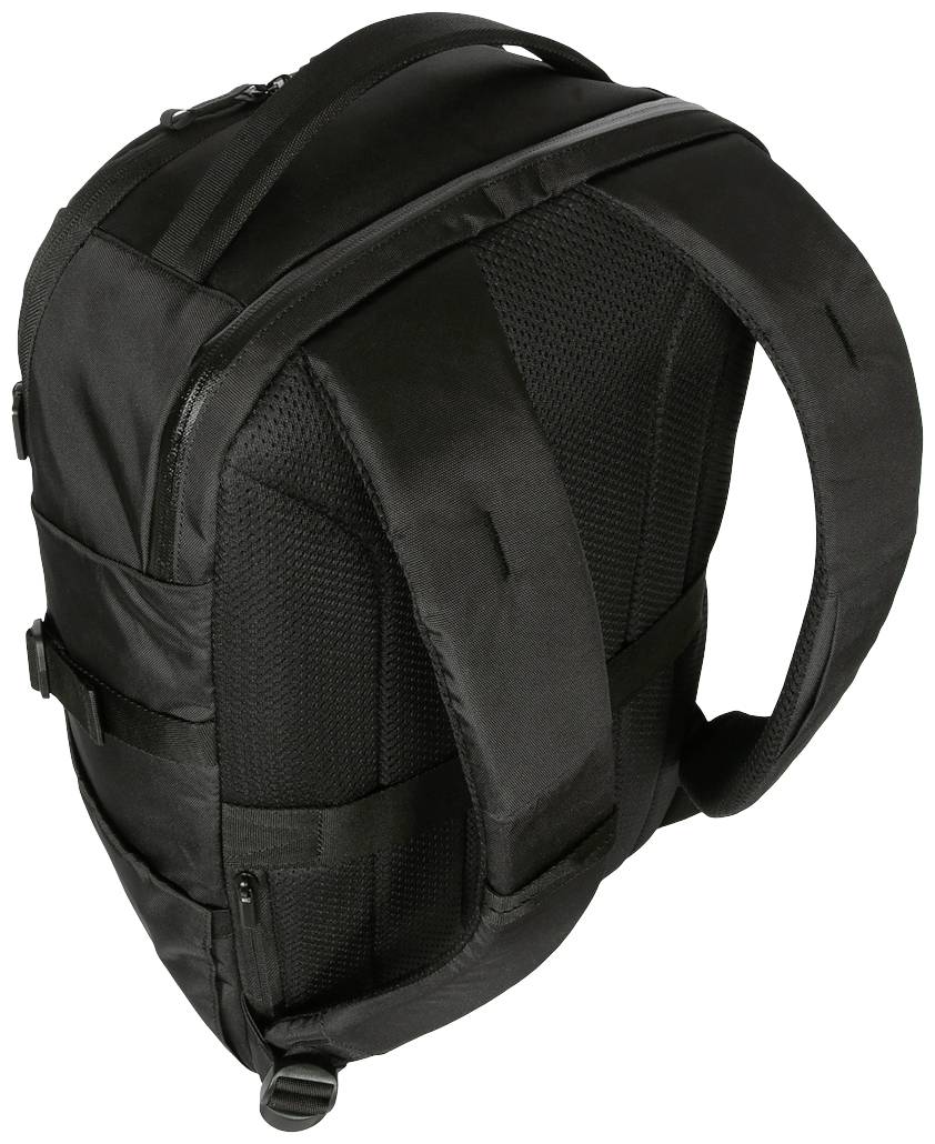 Czarny plecak z wyściełanymi paskami i tylną częścią, paskami bocznymi i zamkiem błyskawicznym z lewej strony na dole.