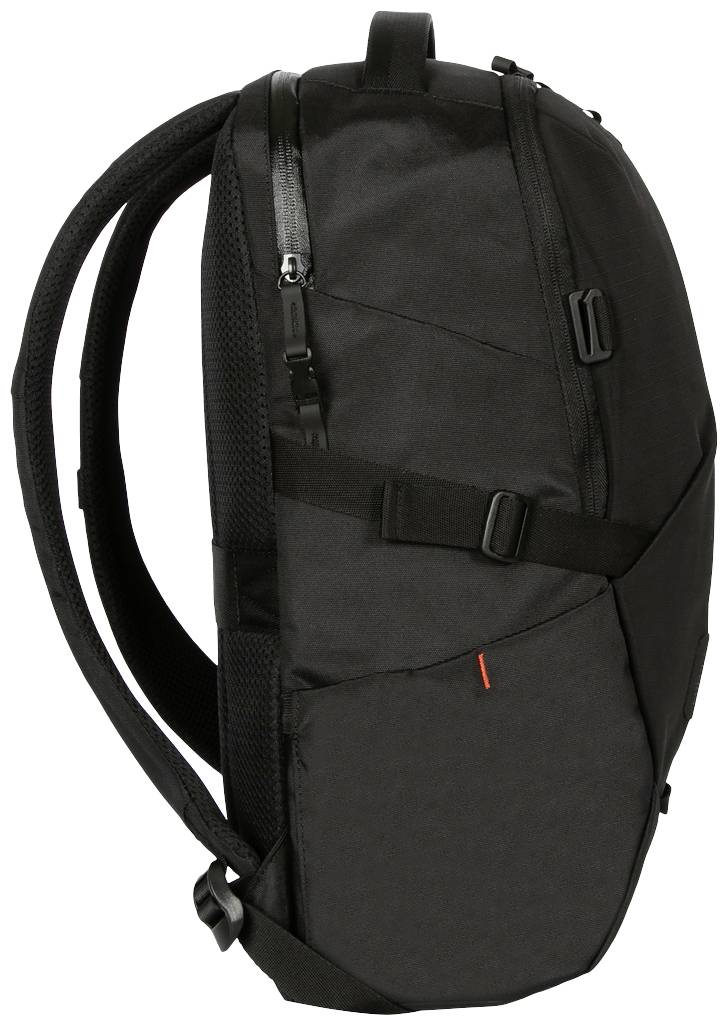 Czarny plecak z dwoma regulowanymi paskami, bocznymi zamkami błyskawicznymi i małym pomarańczowym oznaczeniem z boku.
