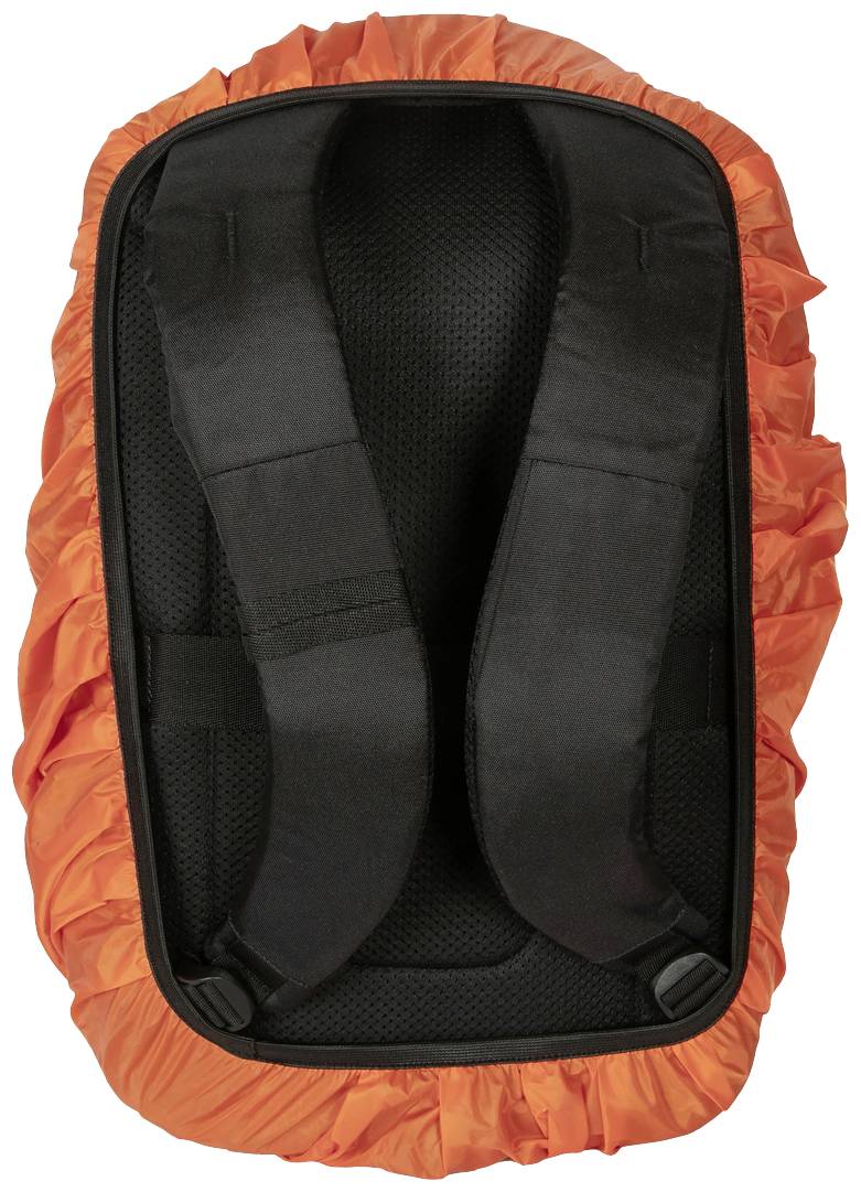 Plecak z pomarańczową osłoną przeciwdeszczową, która pozostawia widoczne dwa czarne pasy na ramiona. Odpowiedni do aktywności na świeżym powietrzu.