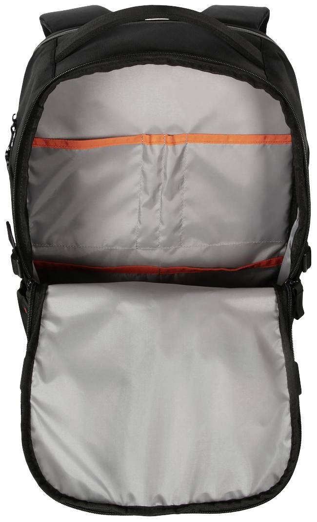 Otwarty, czarny plecak ukazuje duże główne przedzielenie z szarą podszewką i pomarańczową linią rozdzielającą na środku.
