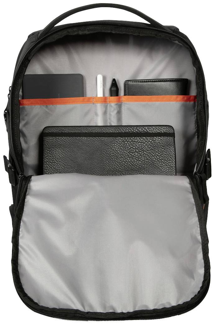 Otwarty plecak z szarą podszewką prezentuje dwa przedziały. W górnym przedziale leżą notes i długopisy, w dolnym – tablet.