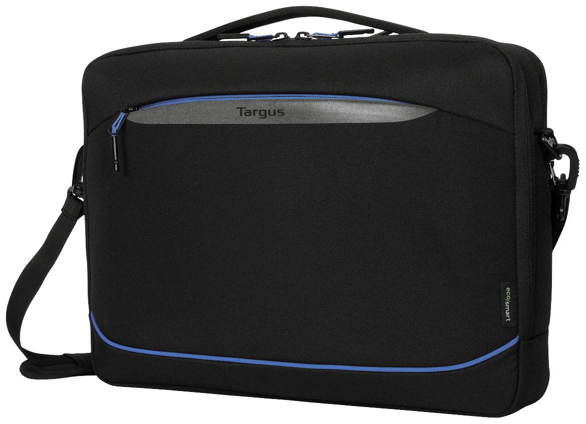 Czarna torba na laptopa z niebieskim obramowaniem, kieszenią na zamek błyskawiczny i uchwytem do przenoszenia. Wyposażona w pasek na ramię.