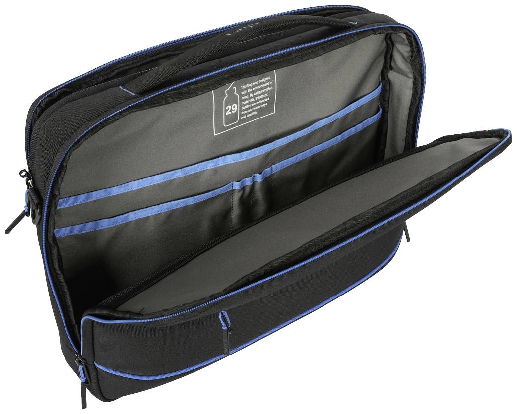 Czarna torba podróżna z niebieską obwódką, otwarta kieszeń frontowa ukazuje dwie główne komory i niebieski zamek błyskawiczny; kompaktowa i przestronna.