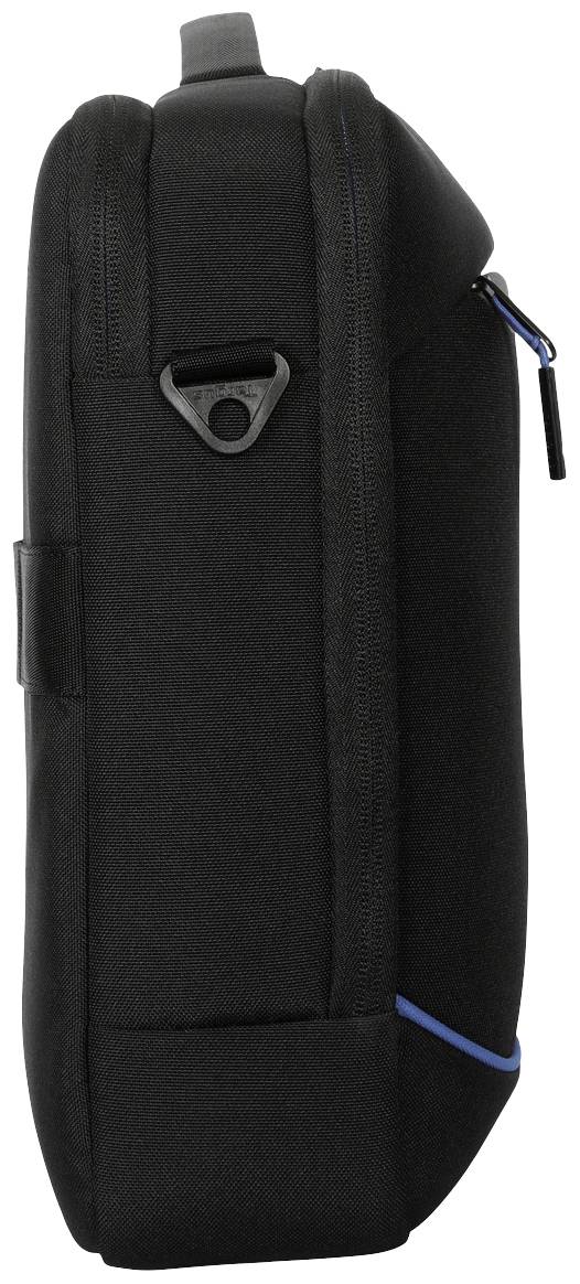 Czarna torba widziana z boku, z zamkiem błyskawicznym u góry, uchwytem do noszenia i małą metalową pętlą z boku.