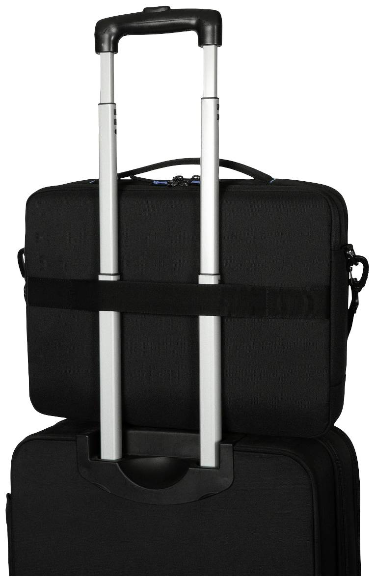 Czarny kufer z wysuniętą rączką i dołączoną torbą na laptopa. Odpowiedni do podróży z laptopem lub małym bagażem.