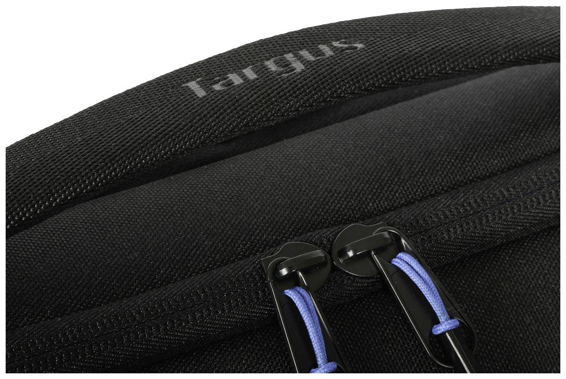 Czarny plecak z niebieskimi elementami i dwoma zamkami błyskawicznymi, z widocznym logo marki 'Targus' na górnej części.