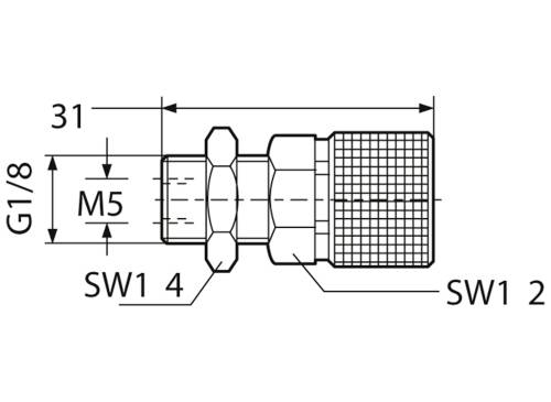 Rysunek techniczny elementu złącznego z wymiarami: G1/8, M5, SW14, długość 31, SW12.