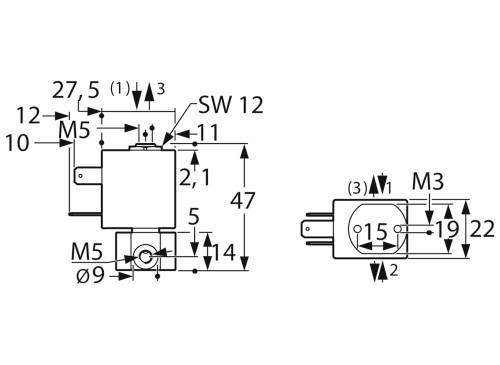 Rysunek techniczny elementu elektronicznego z wymiarami w milimetrach. Przedstawia widok z boku i z przodu wraz ze szczegółami przyłączy.
