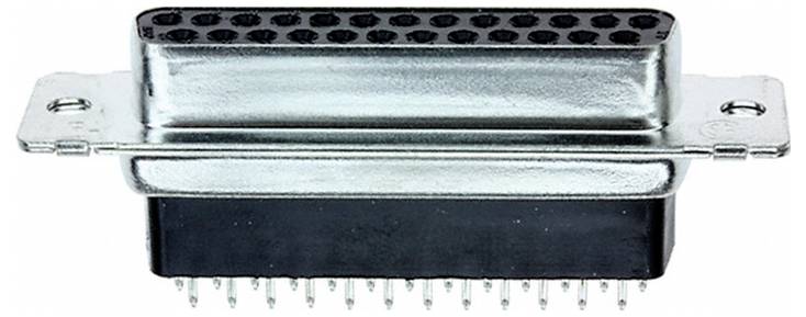 Metalowy i plastikowy złącze Centronics 36-pin, typowo używane do równoległych połączeń danych w starszych urządzeniach komputerowych.