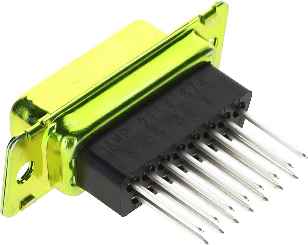 Złącze elektryczne w żółtej ramce z wieloma metalowymi stykami, stosowane do łączenia obwodów lub urządzeń elektronicznych.