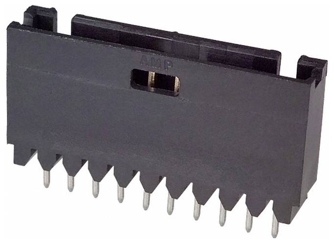 Zbliżenie czarnego elektronicznego złącza z wieloma metalowymi stykami, prawdopodobnie używanego do połączeń na płytach drukowanych.