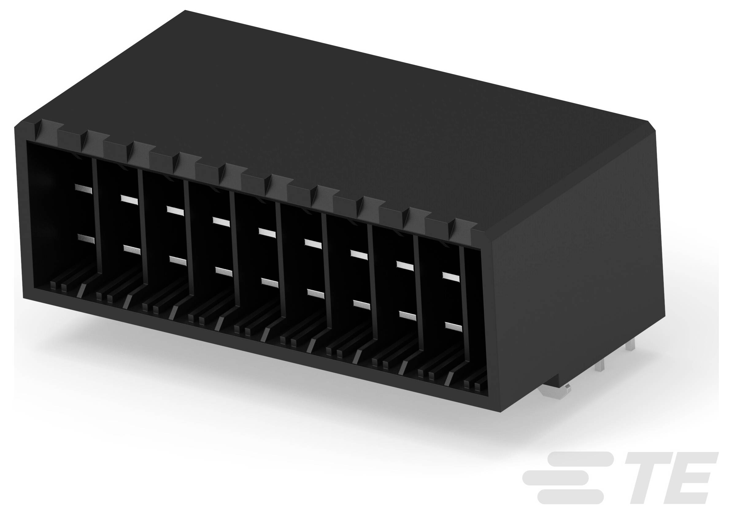 Prostokątny złącznik plastikowy TE Connectivity, czarny, z wieloma gniazdami do połączeń elektronicznych, przeznaczony do montażu na płytce PCB.