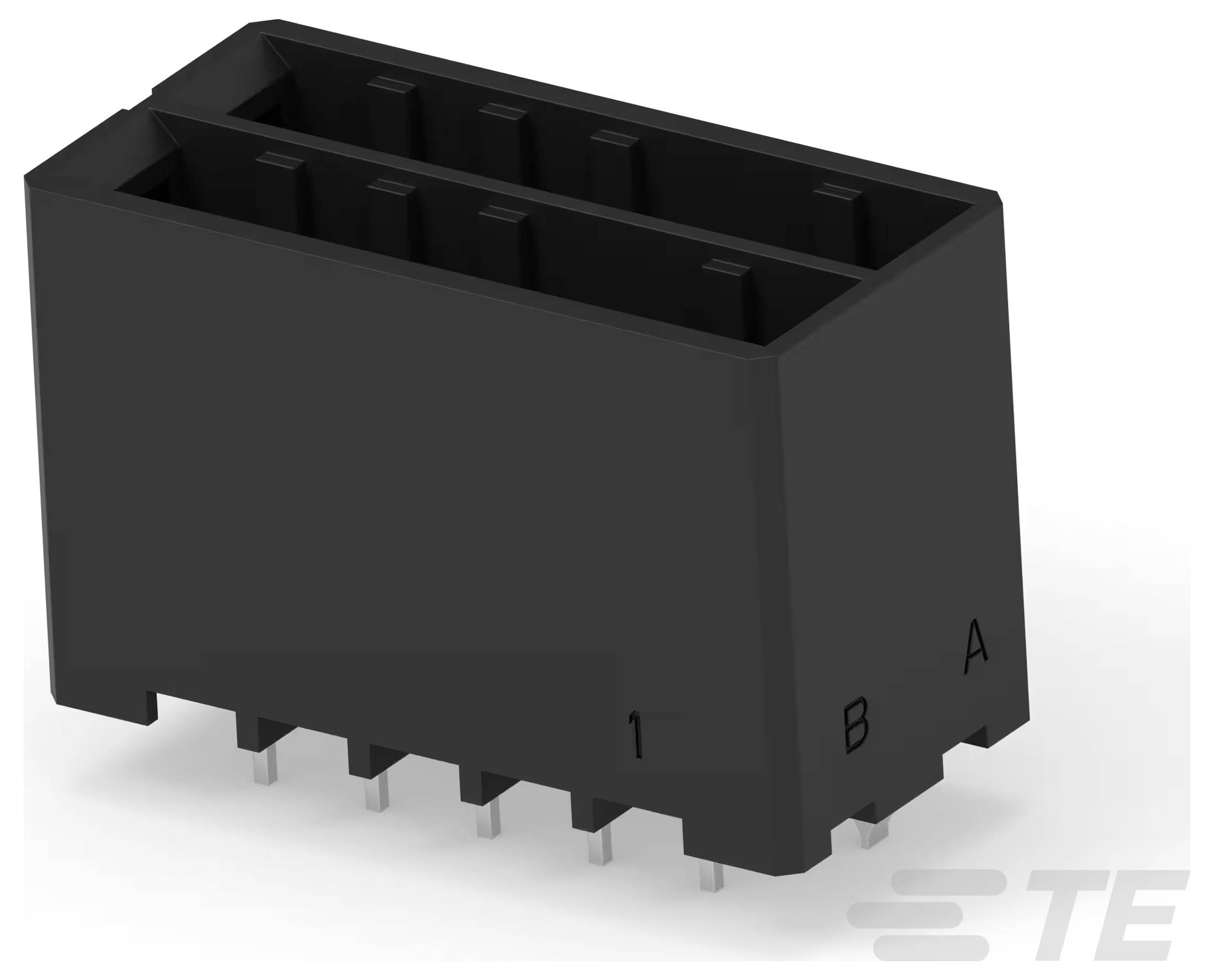 Czarny, prostokątny złącze elektryczne z wieloma metalowymi stykami, oznaczonym "1", "B" i "A", używane do połączeń elektronicznych.
