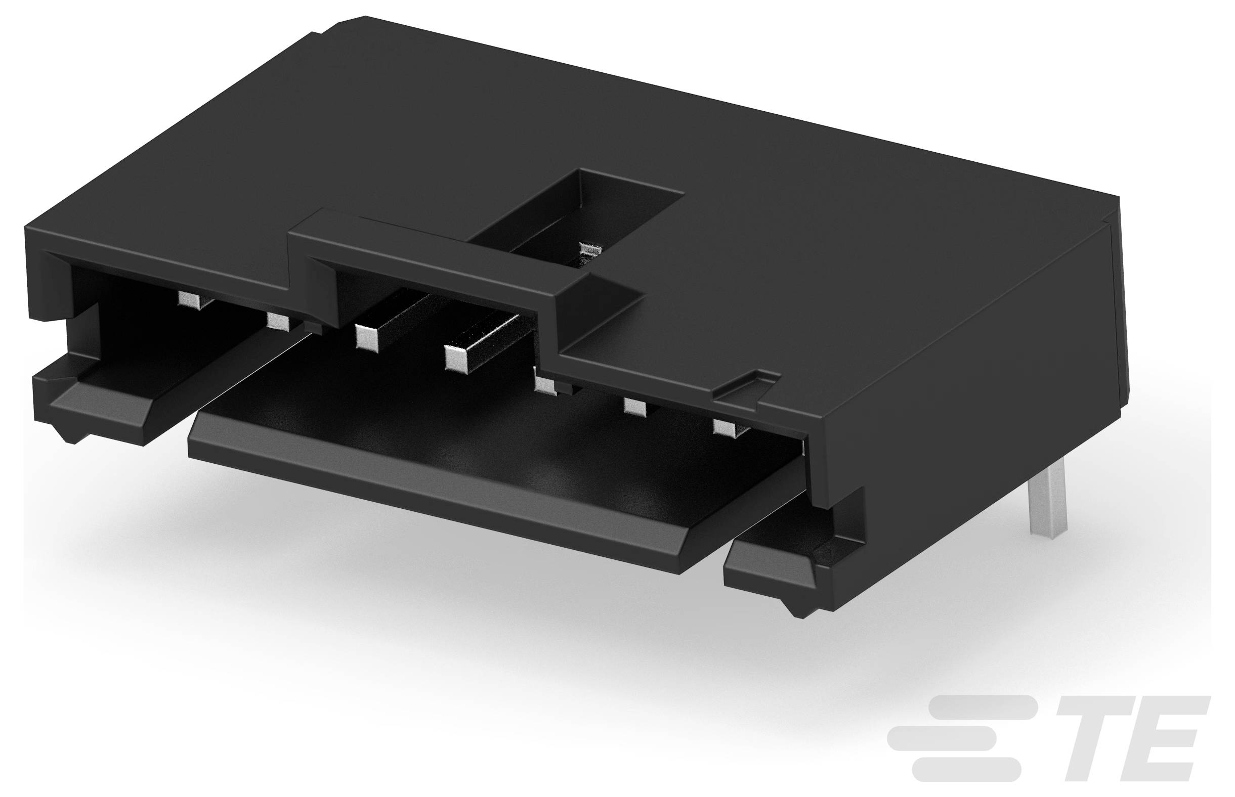Czarny plastikowy złącznik dwurzędowy z wieloma metalowymi pins, używany na elektronicznych płytach obwodów, pokazany z brandingiem TE.