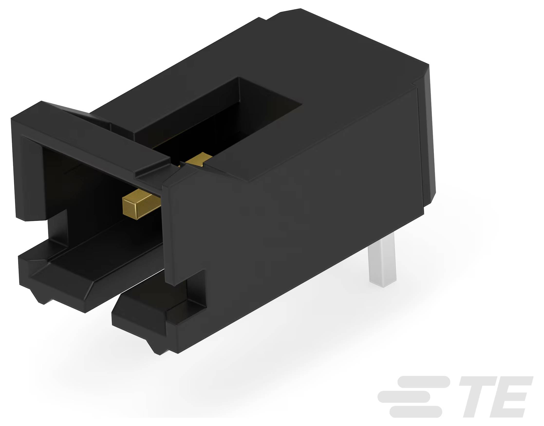 Czarny złącze PCB pod kątem prostym z dwoma pozłacanymi kontaktami i bolcem montażowym, używany do połączeń obwodów elektronicznych na płytkach drukowanych.